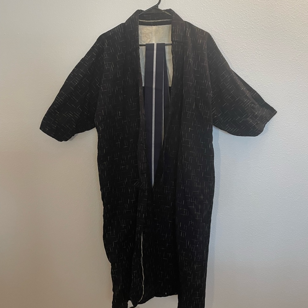 Men's Vintage Medium Kimono Japanese Yukata Cotton Bathrobe Dark Blue EUC Sash